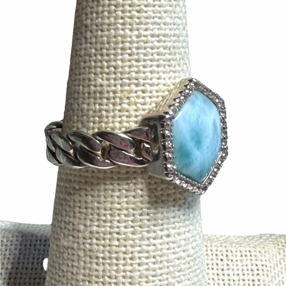 Elegant 925 Silver Cuban Band and and Blue Hexagon Larimar with CZ Halo Ring - Picture 2 of 6